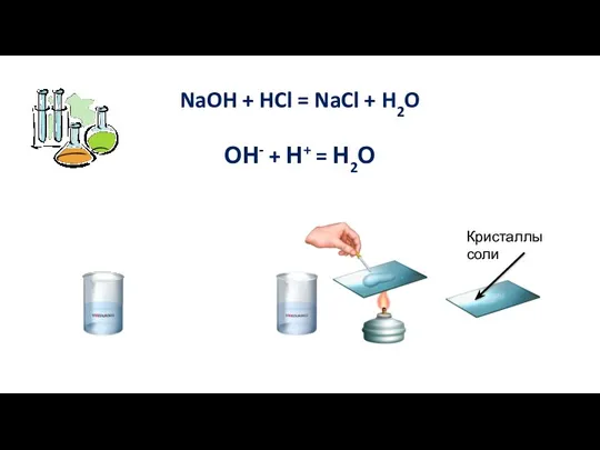 NaOH + HCl = NaCl + H2O ОН- + Н+ = Н2О Кристаллы соли