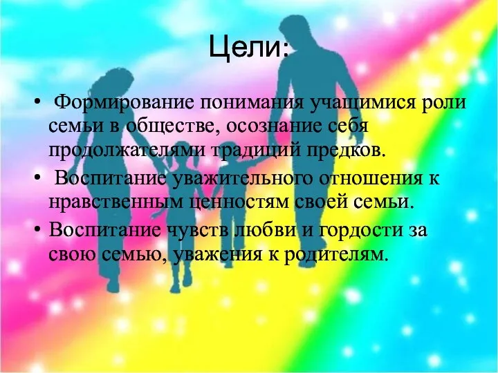 Цели: Формирование понимания учащимися роли семьи в обществе, осознание себя