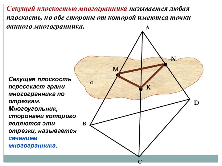 Секущей плоскостью многогранника называется любая плоскость, по обе стороны от