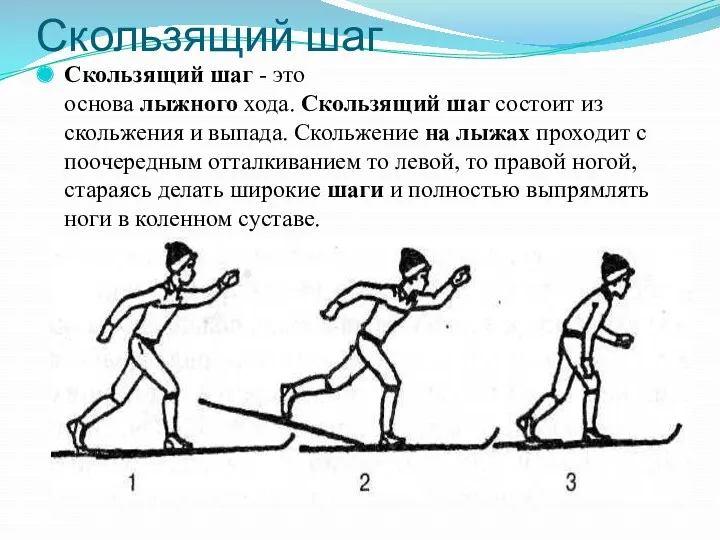 Скользящий шаг Скользящий шаг - это основа лыжного хода. Скользящий