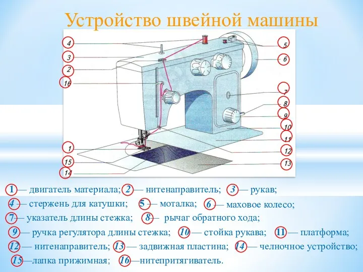 Устройство швейной машины 1 — двигатель материала; 2 — нитенаправитель;