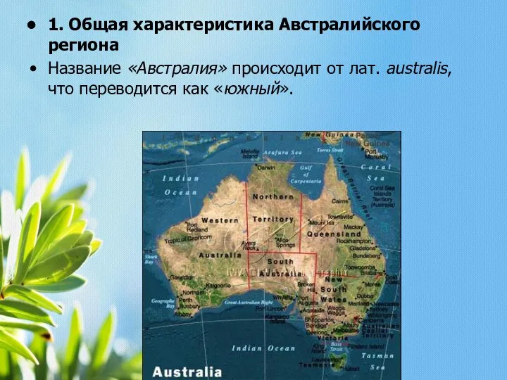 1. Общая характеристика Австралийского региона Название «Австралия» происходит от лат. australis, что переводится как «южный».
