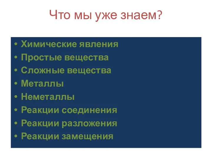 Что мы уже знаем? Химические явления Простые вещества Сложные вещества