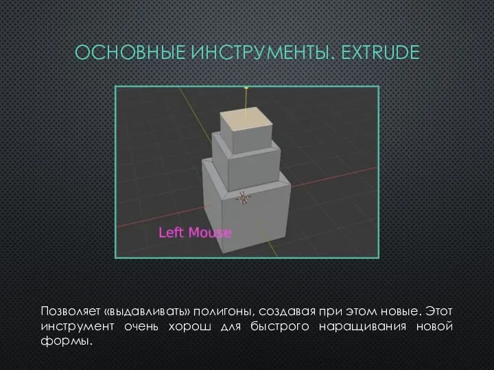 Позволяет «выдавливать» полигоны, создавая при этом новые. Этот инструмент очень