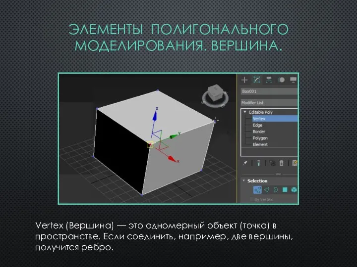 Vertex (Вершина) — это одномерный объект (точка) в пространстве. Если