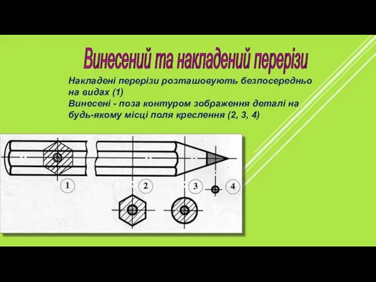 Винесений та накладений перерізи Накладені перерізи розташовують безпосередньо на видах