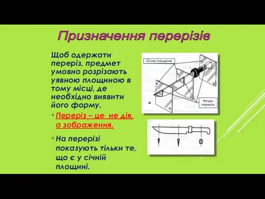 Щоб одержати переріз, предмет умовно розрізають уявною площиною в тому