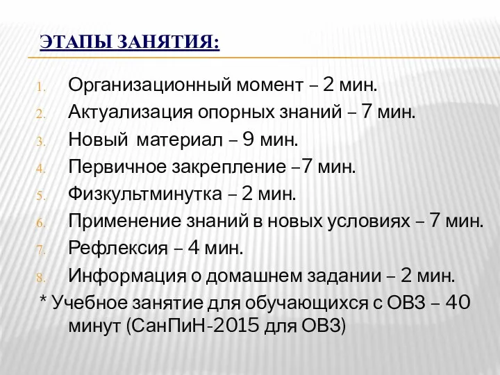 ЭТАПЫ ЗАНЯТИЯ: Организационный момент – 2 мин. Актуализация опорных знаний