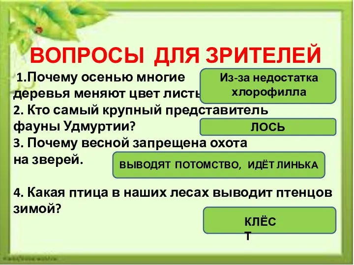 ВОПРОСЫ ДЛЯ ЗРИТЕЛЕЙ 1.Почему осенью многие деревья меняют цвет листьев?