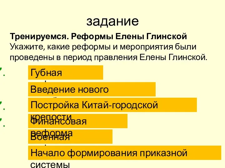 задание Тренируемся. Реформы Елены Глинской Укажите, какие реформы и мероприятия