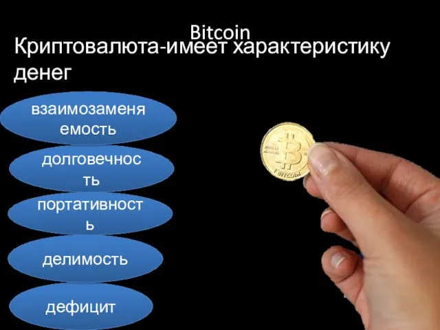 Bitcoin Криптовалюта-имеет характеристику денег долговечность портативность дефицит взаимозаменяемость делимость