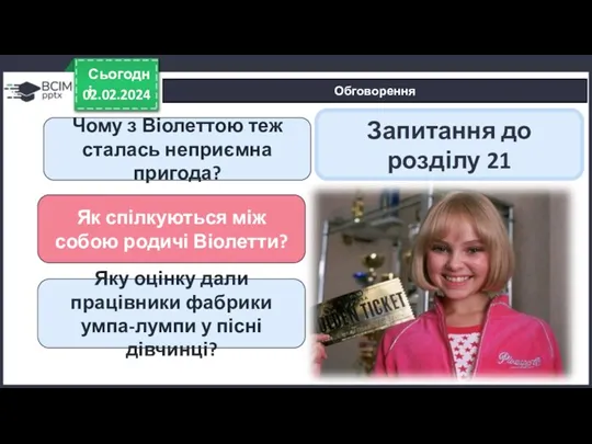 02.02.2024 Сьогодні Обговорення Запитання до розділу 21 Чому з Віолеттою