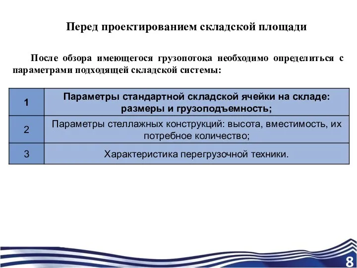 После обзора имеющегося грузопотока необходимо определиться с параметрами подходящей складской системы: Перед проектированием складской площади