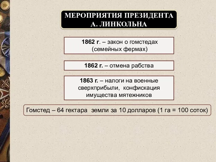 1862 г. – закон о гомстедах (семейных фермах) 1863 г.