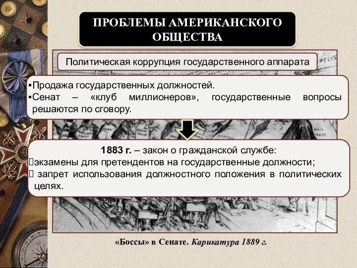 ПРОБЛЕМЫ АМЕРИКАНСКОГО ОБЩЕСТВА Политическая коррупция государственного аппарата Продажа государственных должностей.