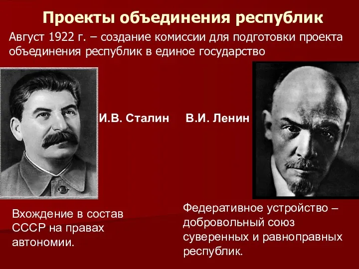 Проекты объединения республик Август 1922 г. – создание комиссии для