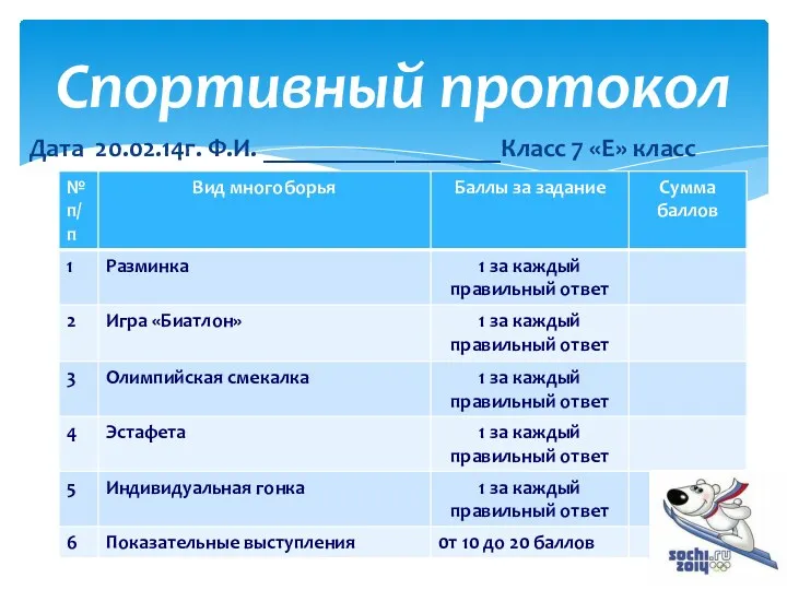 Дата 20.02.14г. Ф.И. __________________Класс 7 «Е» класс Спортивный протокол