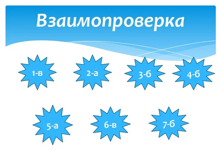 Взаимопроверка 1-в 2-а 3-б 4-б 5-а 6-в 7-б