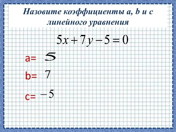 Назовите коэффициенты a, b и c линейного уравнения a= b= c=