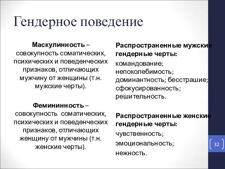 Гендерное поведение Маскулинность – совокупность соматических, психических и поведенческих признаков,