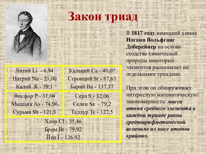 Закон триад В 1817 году немецкий химик Иоганн Вольфганг Доберейнер