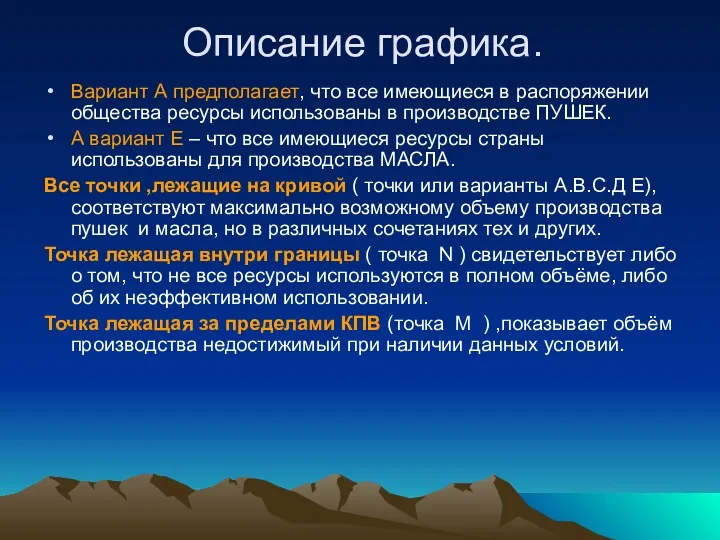 Описание графика. Вариант А предполагает, что все имеющиеся в распоряжении общества ресурсы использованы