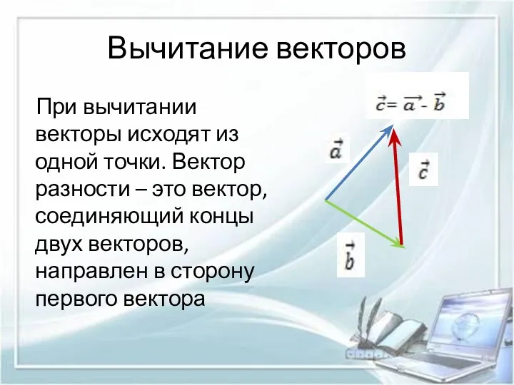 Вычитание векторов При вычитании векторы исходят из одной точки. Вектор