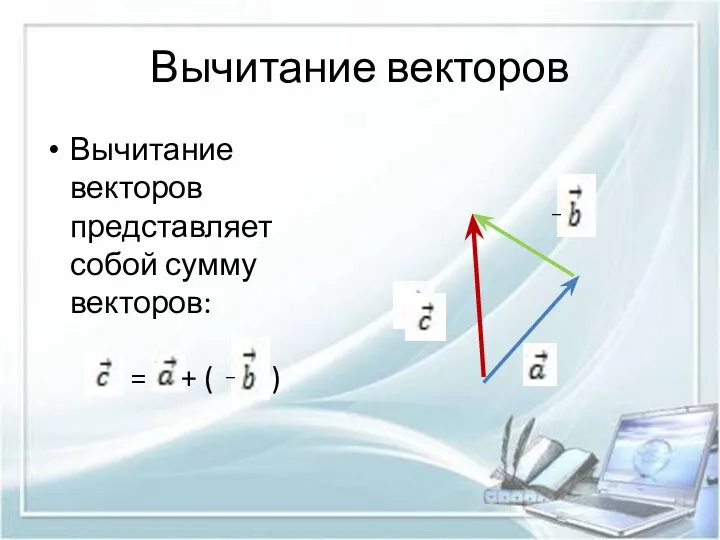 Вычитание векторов Вычитание векторов представляет собой сумму векторов: