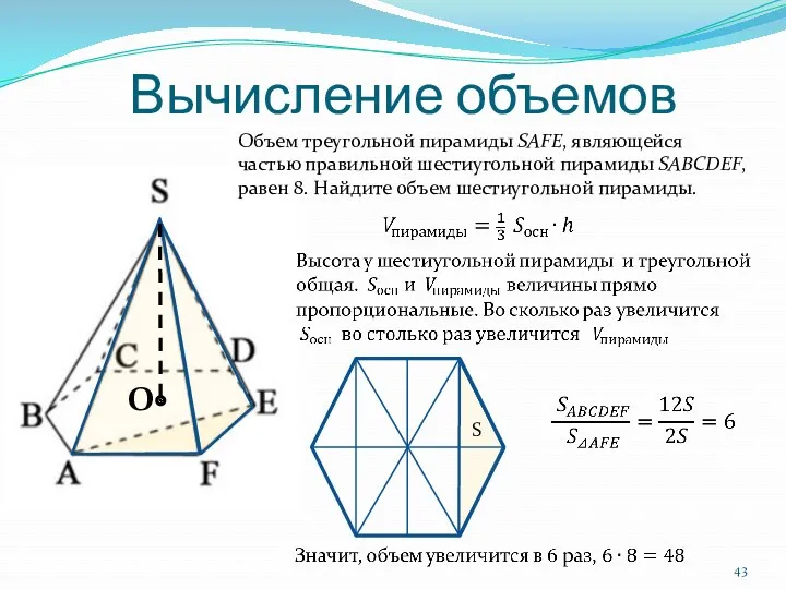 Вычисление объемов Объем треугольной пирамиды SAFE, являющейся частью правильной шестиугольной пирамиды SABCDEF, равен