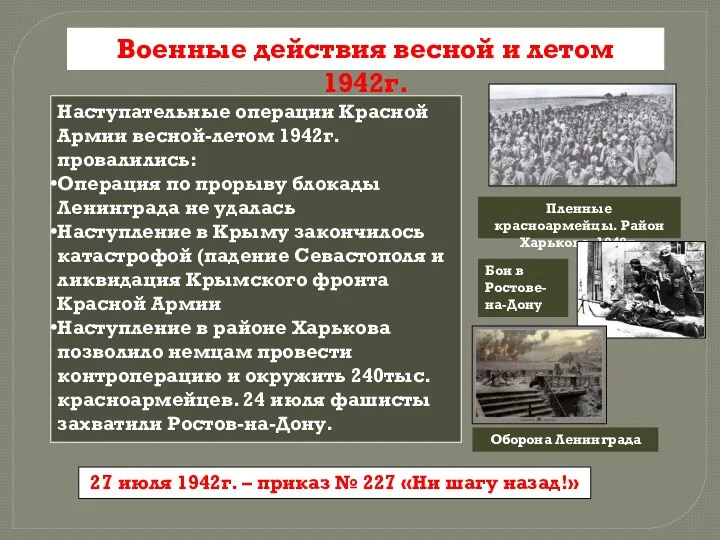 Военные действия весной и летом 1942г. Наступательные операции Красной Армии весной-летом 1942г. провалились: