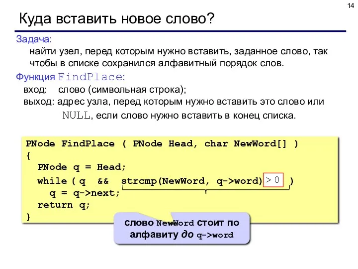 Куда вставить новое слово? Задача: найти узел, перед которым нужно