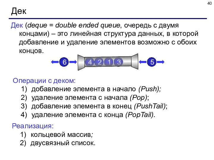 Дек Дек (deque = double ended queue, очередь с двумя