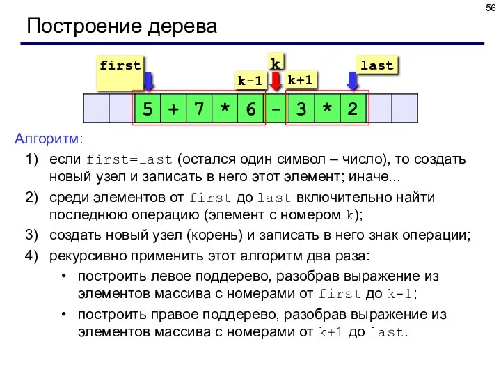 Построение дерева Алгоритм: если first=last (остался один символ – число),