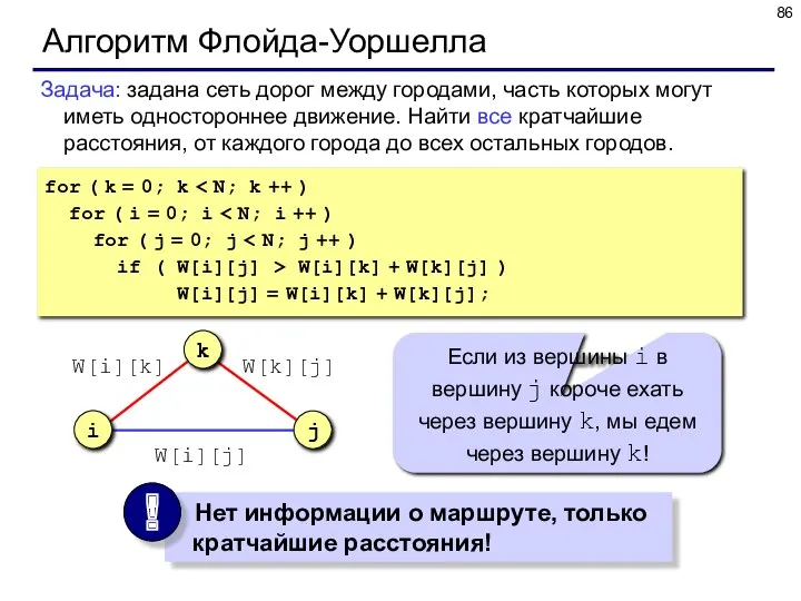 Алгоритм Флойда-Уоршелла Задача: задана сеть дорог между городами, часть которых