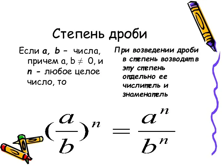 Степень дроби Если a, b – числа, причем a, b