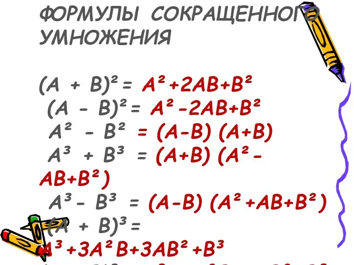 ФОРМУЛЫ СОКРАЩЕННОГО УМНОЖЕНИЯ (А + B)²= А²+2АB+B² (А - B)²=