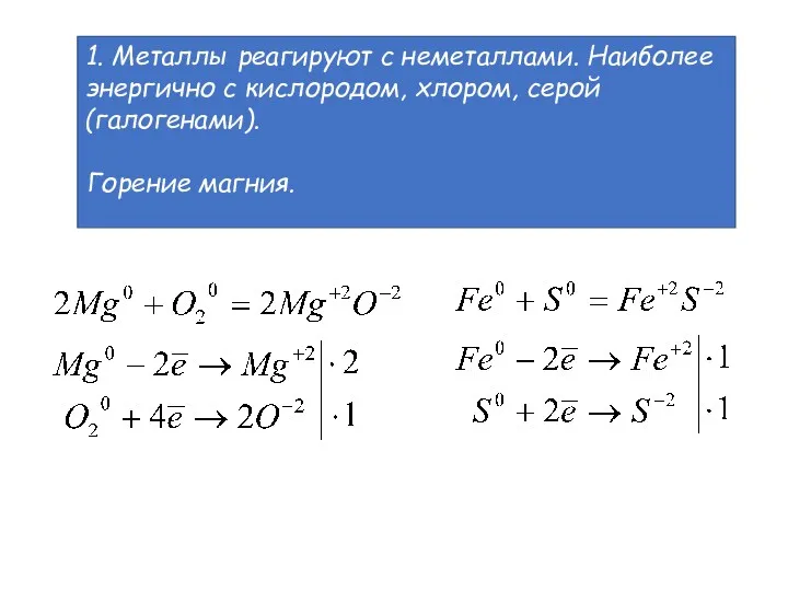 1. Металлы реагируют с неметаллами. Наиболее энергично с кислородом, хлором, серой (галогенами). Горение магния.