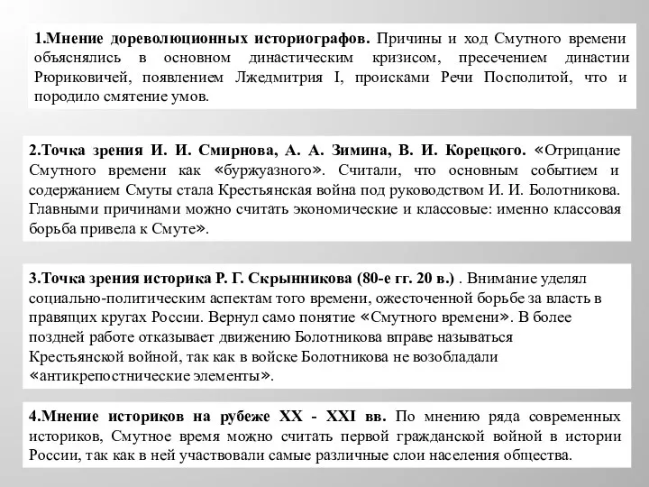 1.Мнение дореволюционных историографов. Причины и ход Смутного времени объяснялись в