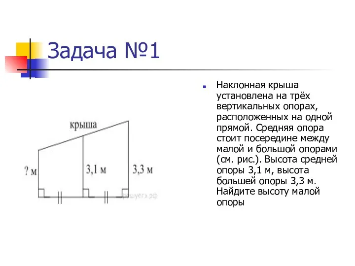 Задача №1 Наклонная крыша установлена на трёх вертикальных опорах, расположенных