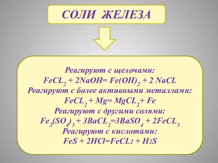 СОЛИ ЖЕЛЕЗА Реагируют с щелочами: FeCL2 + 2NaOH= Fe(OH)2 +