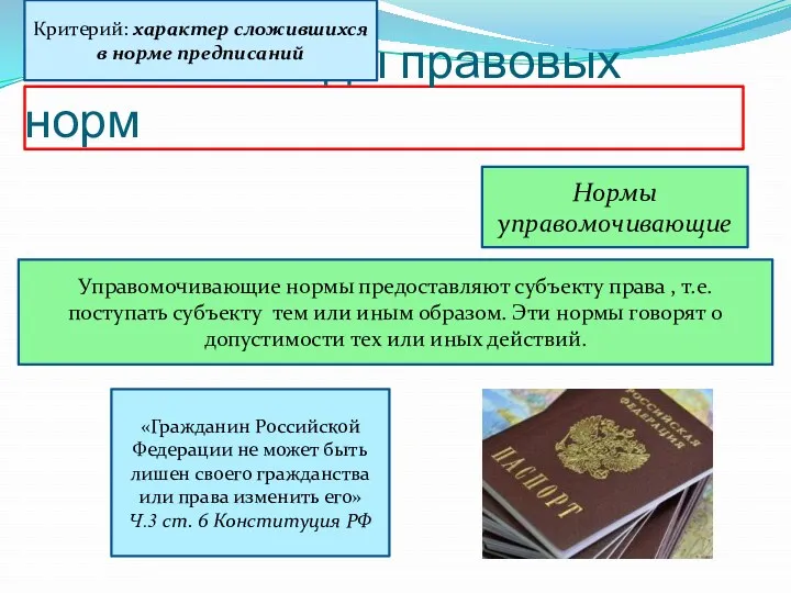 Основные виды правовых норм Критерий: характер сложившихся в норме предписаний