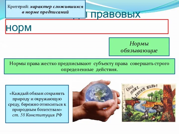 Основные виды правовых норм Критерий: характер сложившихся в норме предписаний