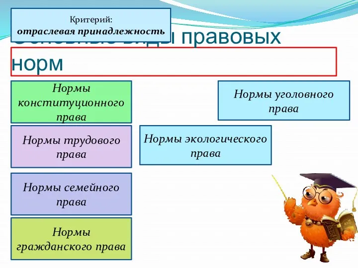 Основные виды правовых норм Критерий: отраслевая принадлежность Нормы конституционного права