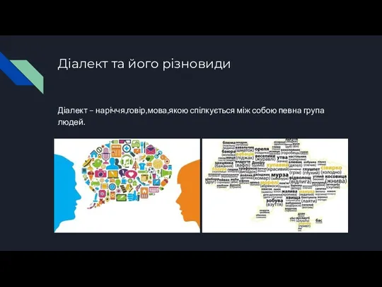 Діалект та його різновиди Діалект – наріччя,говір,мова,якою спілкується між собою певна група людей.