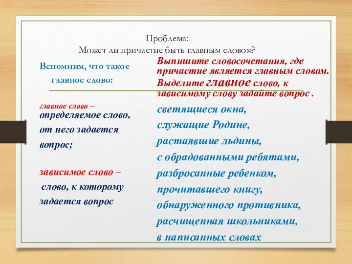 Проблема: Может ли причастие быть главным словом? Вспомним, что такое