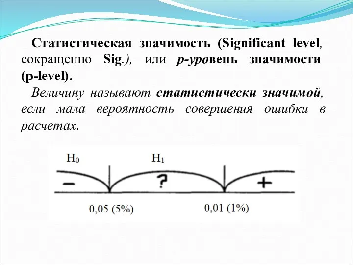 Статистическая значимость (Significant level, сокращенно Sig.), или р-уровень значимости (p-level).