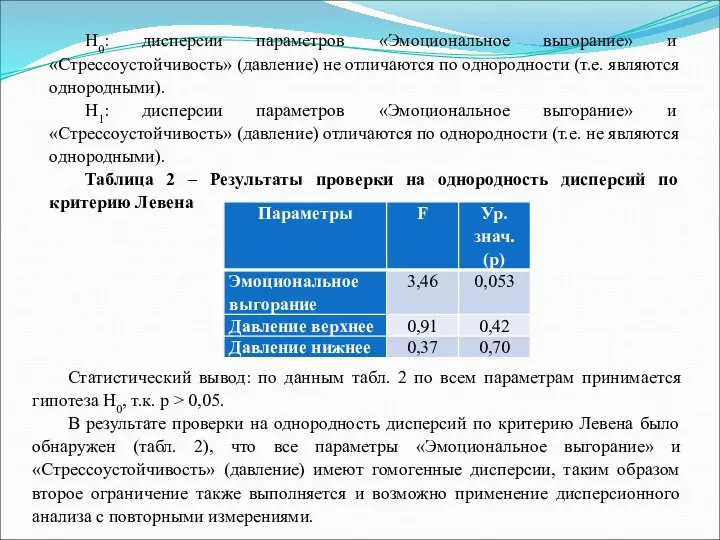 Н0: дисперсии параметров «Эмоциональное выгорание» и «Стрессоустойчивость» (давление) не отличаются