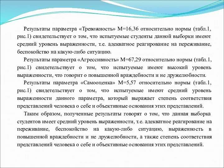 Результаты параметра «Тревожность» М=16,36 относительно нормы (табл.1, рис.1) свидетельствует о