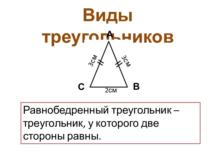 Виды треугольников Равнобедренный треугольник –треугольник, у которого две стороны равны. А В С 3см 3см 2см