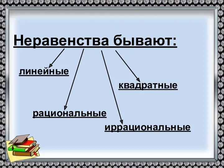 Неравенства бывают: линейные квадратные рациональные иррациональные